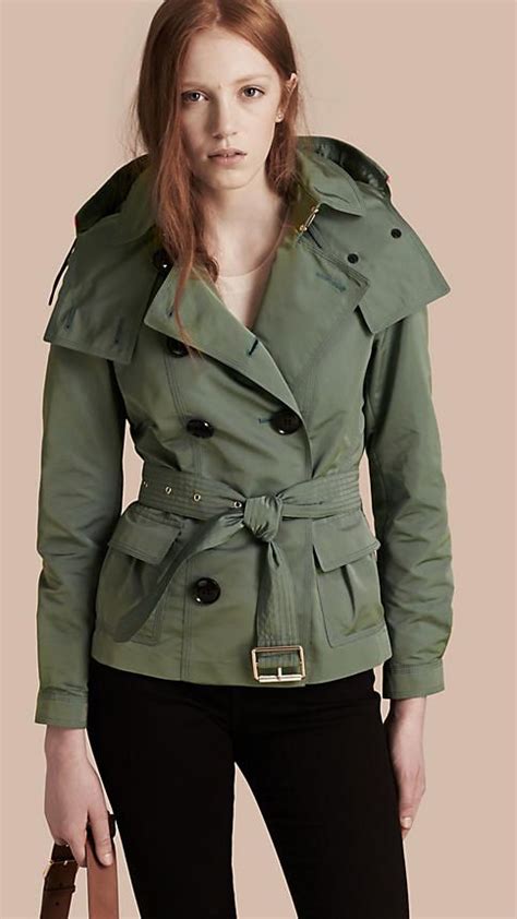 green showerproof trench coat removable hood burberry